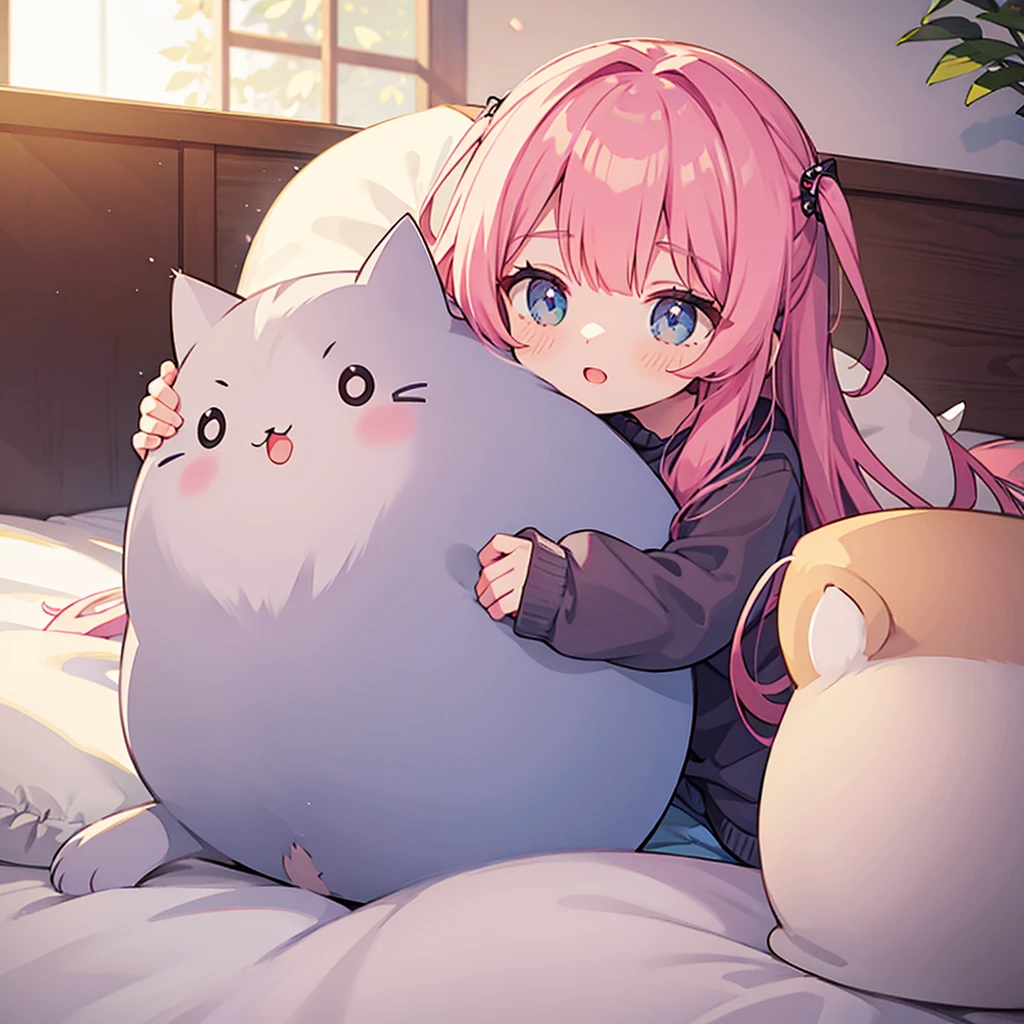 (masterpiece:1.2, best quality), 1girl, lying, bed, blush, holding pillow, cat ears, fang,