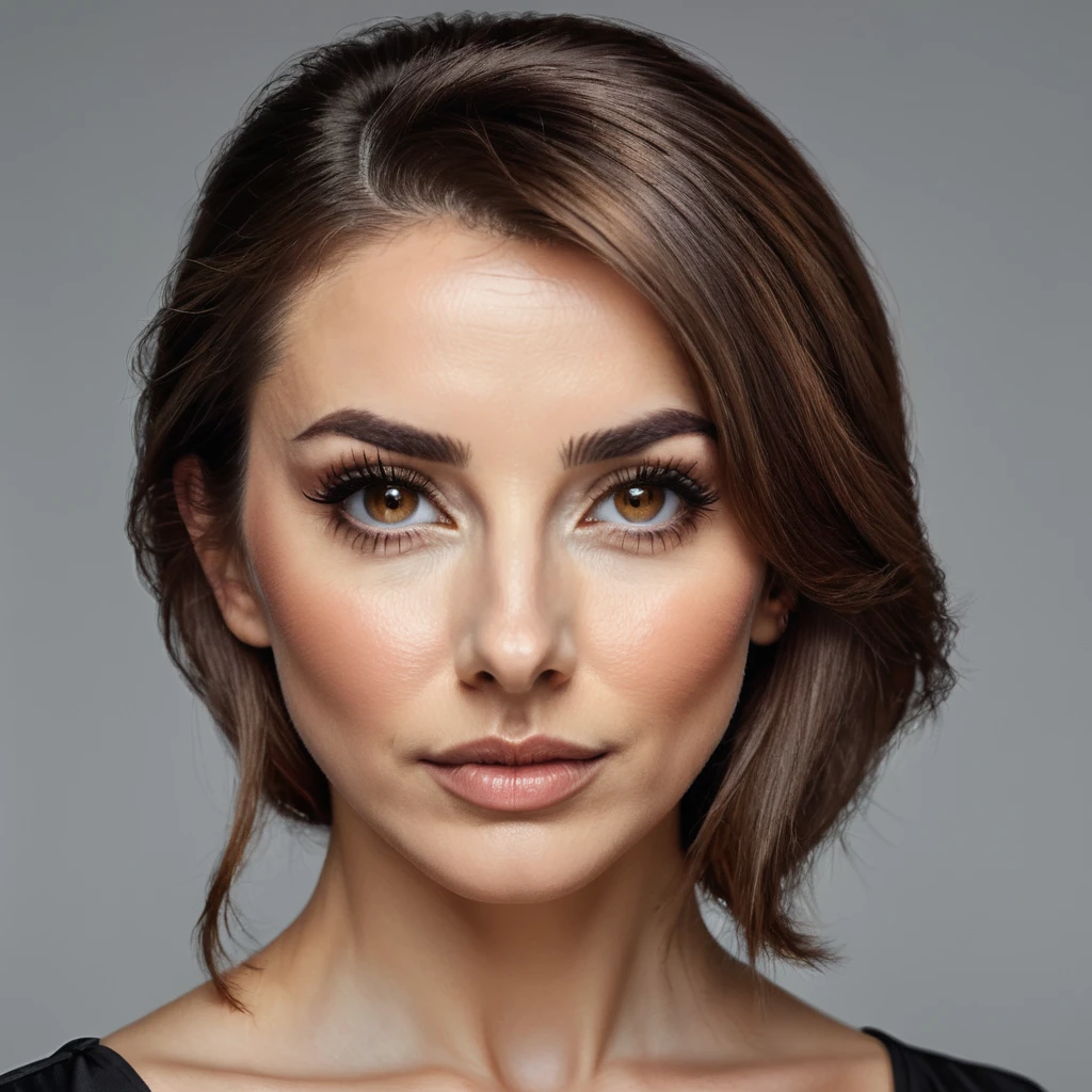 ultra sharp portrait, woman with beard on her cheeks, tied brown hair, light eyes, large nose