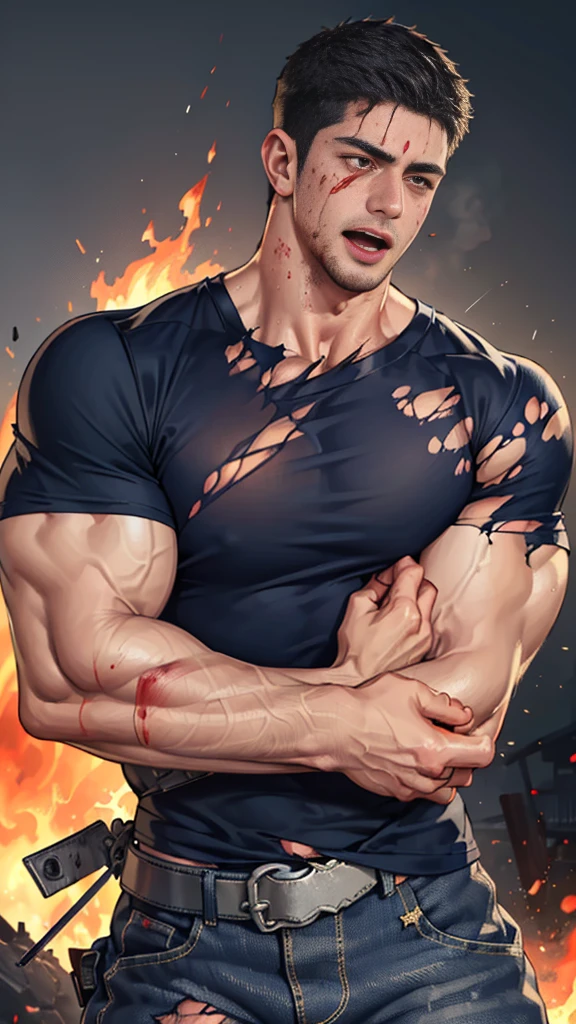 (Create a masterpiece: 1.2),(CGI art:1.3),(realistic:1.5),(After processing:1.3),(Sharp focus:1.3), (man Fight, join in battle:1.5 ),sunglass, straight, front ,Chris Redfield ,(black hair), smile open mouth, (Wear color navy round neck T-shirt: 1.5), (with a Police badge: 1.2), navy cargo, (Torn shirt:1.6), (wound: 1.3) , (blood splatters) ,( abrasions on face: 1.5), (Blood stains on the face and body: 1.4), Korean guy , korean men, (High gloss details), chest muscles, large arm muscles, blood vessel, Big muscles, Broad shoulders, looking at the audience, Balancing the eyes, middle of the road,(Fire blazes behind) ,(open mouth:1.6) 