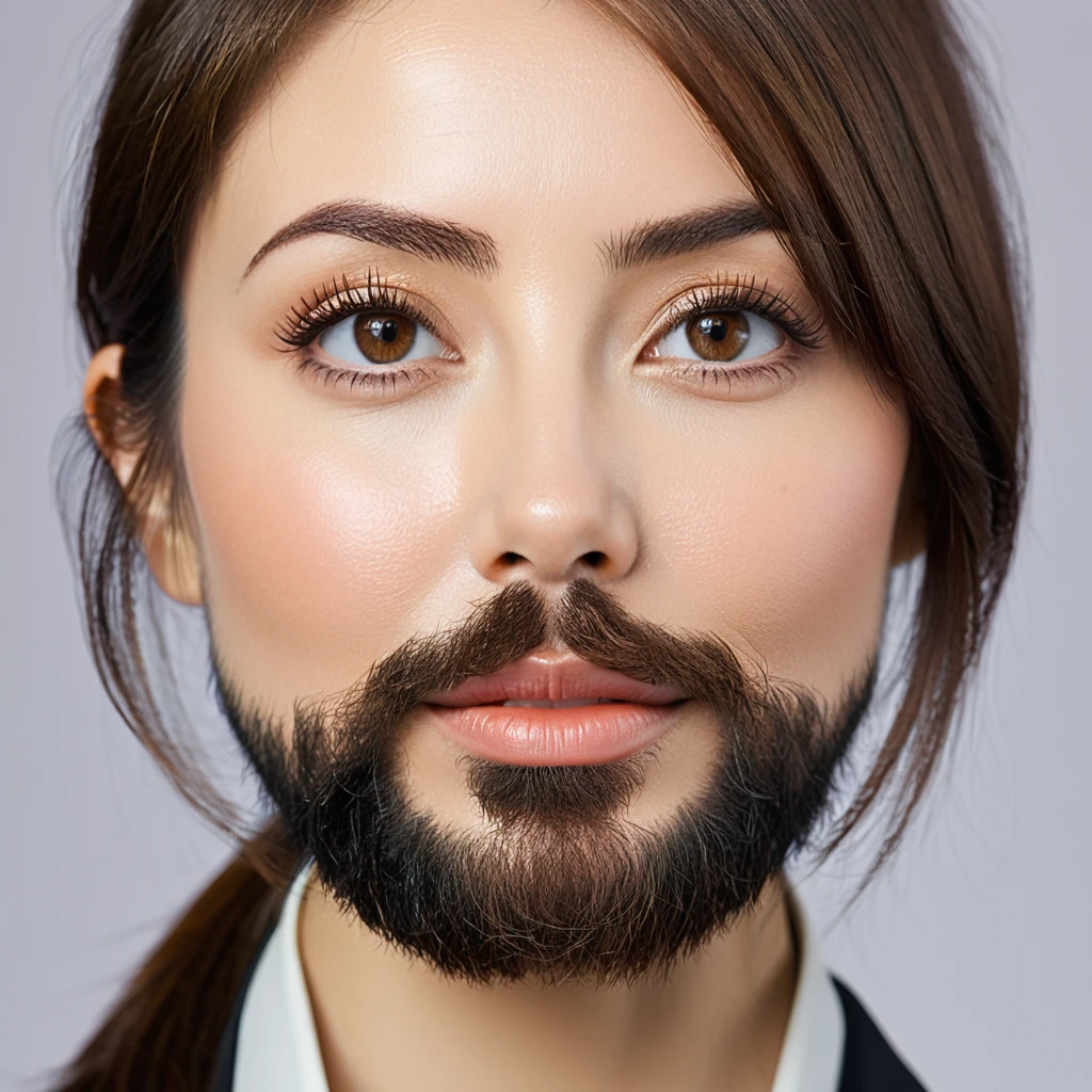 ultra sharp portrait, woman with beard on her cheeks, tied brown hair, light eyes, large nose