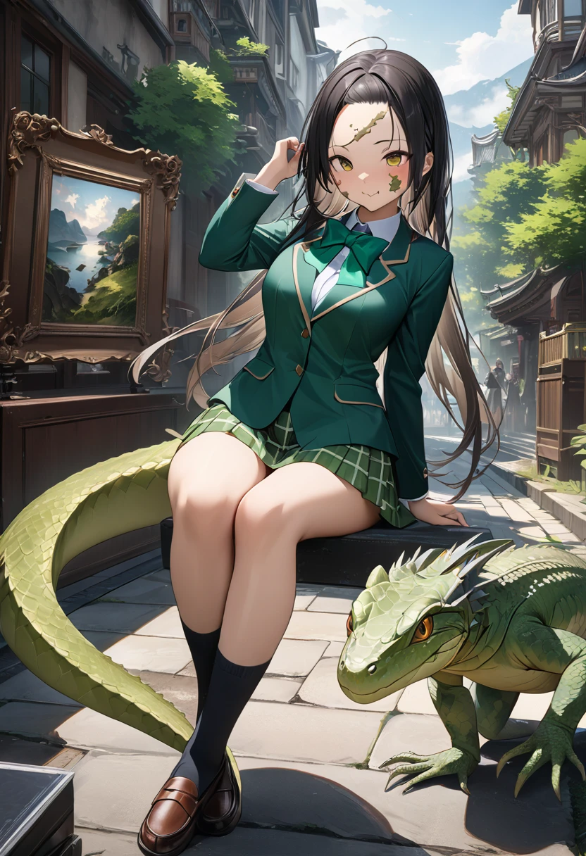 ((Highest quality、unity 8k wallpaper、32K、masterpiece、Very detailed、Ultra-high resolution、Ultra-high resolution、 Very detailedな顔, RAW Photos, Professional, Ultra-fine painting, Fine metal texture, Genuine)) Kotegawa Yui morphing into lizardwomen, yellow blazer, long sleeves, green bowtie, plaid miniskirt, green miniskirt, socks, loafers, Long tail、Scales on cheeks and forehead