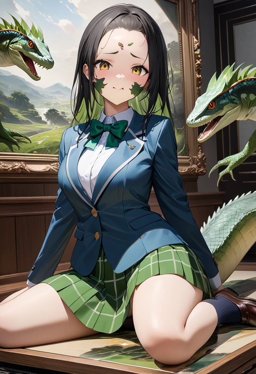 ((Highest quality、unity 8k wallpaper、32K、masterpiece、Very detailed、Ultra-high resolution、Ultra-high resolution、 Very detailedな顔, RAW Photos, Professional, Ultra-fine painting, Fine metal texture, Genuine)) Kotegawa Yui morphing into lizardwomen, yellow blazer, long sleeves, green bowtie, plaid miniskirt, green miniskirt, socks, loafers, Long tail、Scales on cheeks and forehead