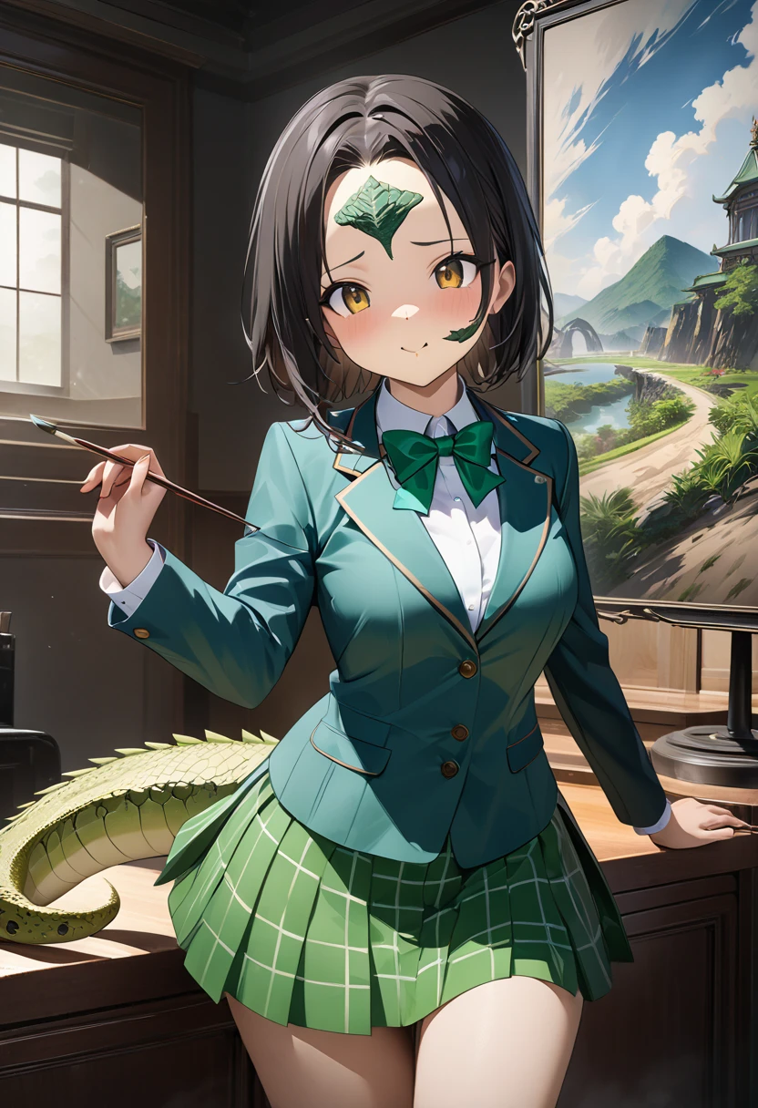 ((Highest quality、unity 8k wallpaper、32K、masterpiece、Very detailed、Ultra-high resolution、Ultra-high resolution、 Very detailedな顔, RAW Photos, Professional, Ultra-fine painting, Fine metal texture, Genuine)) Kotegawa Yui morphing into lizardwomen, yellow blazer, long sleeves, green bowtie, plaid miniskirt, green miniskirt, socks, loafers, Long tail、Scales on cheeks and forehead