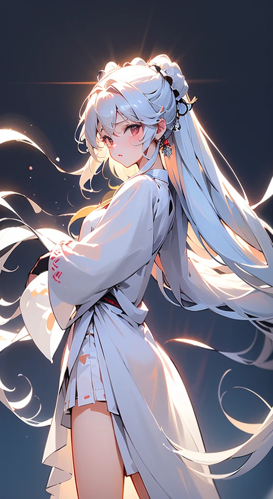 Full body image，A cute little Lolita in a white Taoist robe，White long hair，，Tight upper body，The lower body is a pure white short skirt that does not reach the knee，On the legs is a pair of white cotton stockings，The upper edge tightens the soft flesh on the thigh