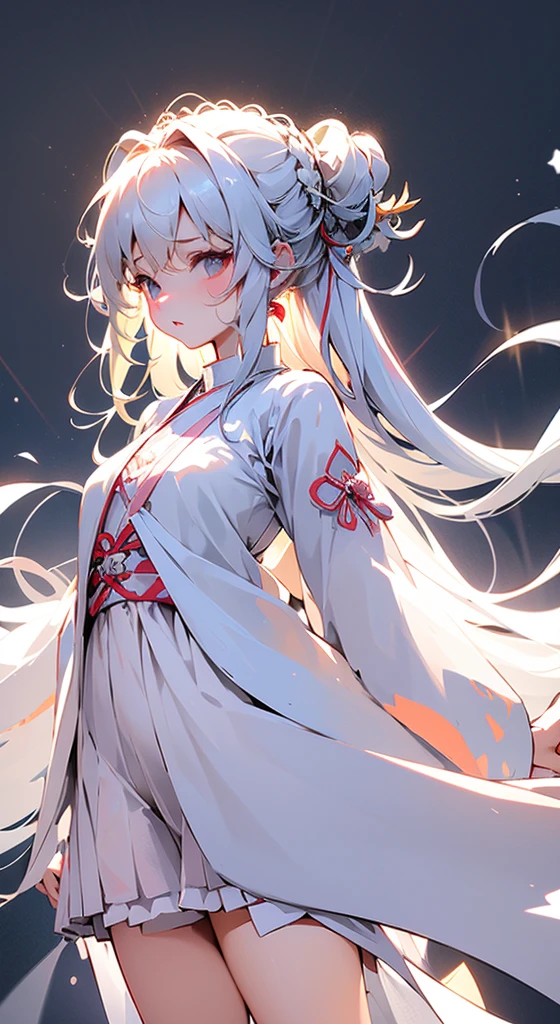 Full body image，A cute little ta in a white Taoist robe，White long hair，，Tight upper body，The lower body is a pure white short skirt that does not reach the knee，On the legs is a pair of white cotton stockings，The upper edge tightens the soft flesh on the thigh