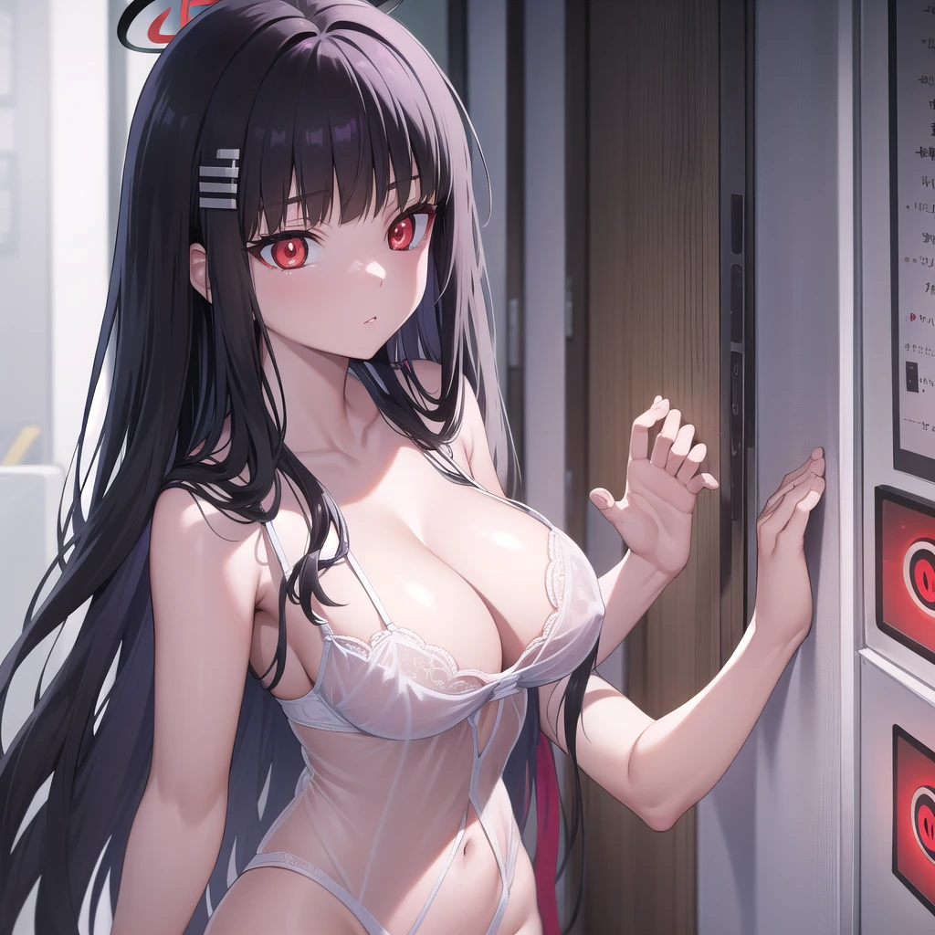 riotsukatsuki, rio, black hair, (red eyes:1.5), hair ornament, hairclip, halo, long hair,
、Extremely large breasts(4700)、Purple see-through lingerie