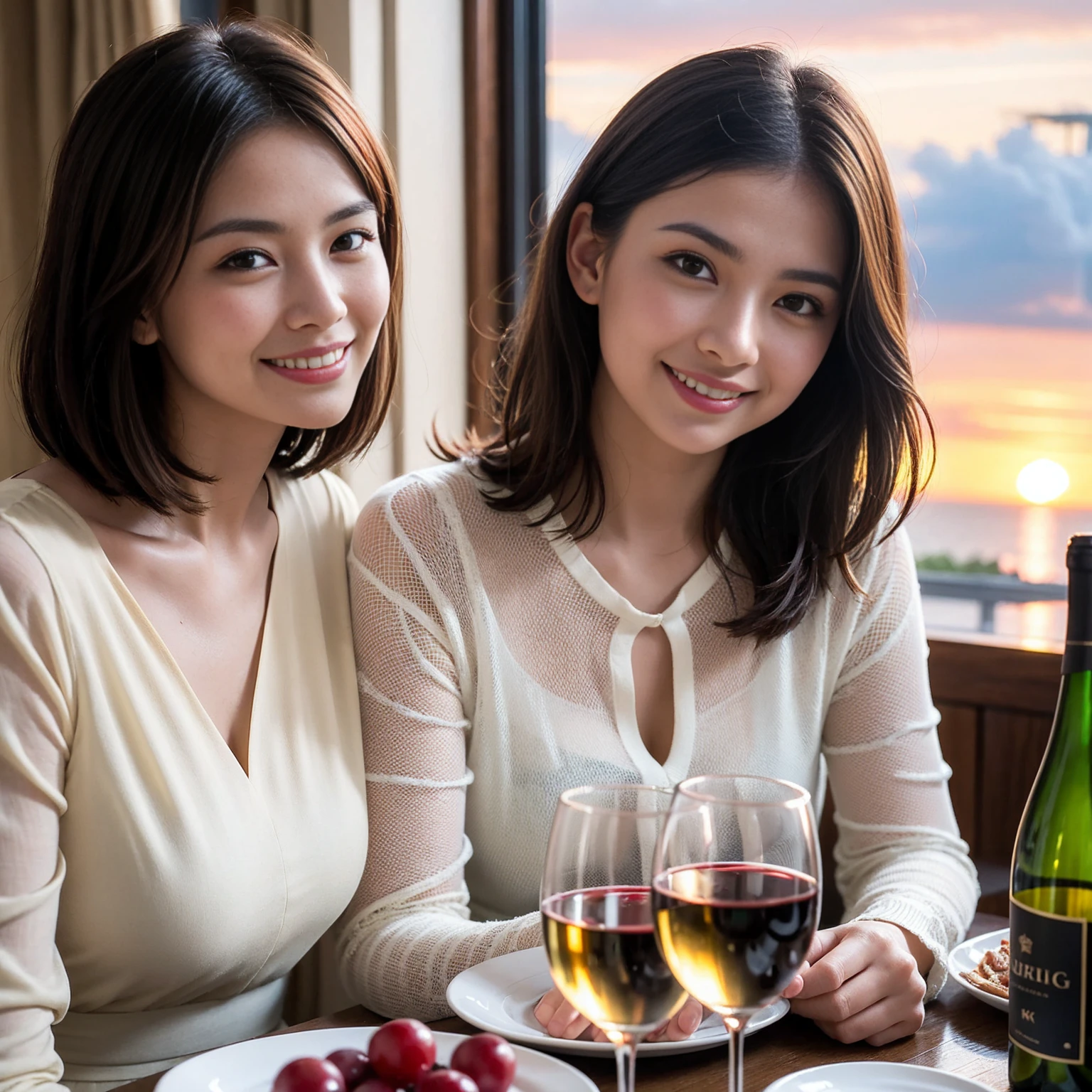((Highest quality、8k、masterpiece:1.3))、 (Genuineistic, Genuine、Bright image、Intricate details:1.2), 最高のsmile 男性1人 女性1人、Beautiful Couple、Lovers、Relatives and friends、spouse、actress、Model couple、smile、A full-course dinner with a full table、 (Slim face), (the body is slim), (Brown Hair), (short hair), テーブルのwine glass、Please shine a light on my face、 Amazing view of the sunset sky and clouds、 (Age 33)38 years old, red wine 、Appetizers、Wine bottle、sparkling wine、Long sleeve shirt、dress、White wine, red wine, wine glass,