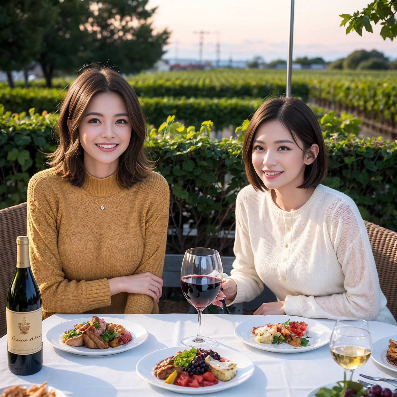 ((Highest quality、8k、masterpiece:1.3))、 (Genuineistic, Genuine、Bright image、Intricate details:1.2), 最高のsmile 男性1人 女性1人、Beautiful Couple、Lovers、Relatives and friends、spouse、actress、Model couple、smile、A full-course dinner with a full table、 (Slim face), (the body is slim), (Brown Hair), (short hair), テーブルのwine glass、Please shine a light on my face、 Amazing view of the sunset sky and clouds、 (Age 33)38 years old, red wine 、Appetizers、Wine bottle、sparkling wine、Long sleeve shirt、dress、White wine, red wine, wine glass,