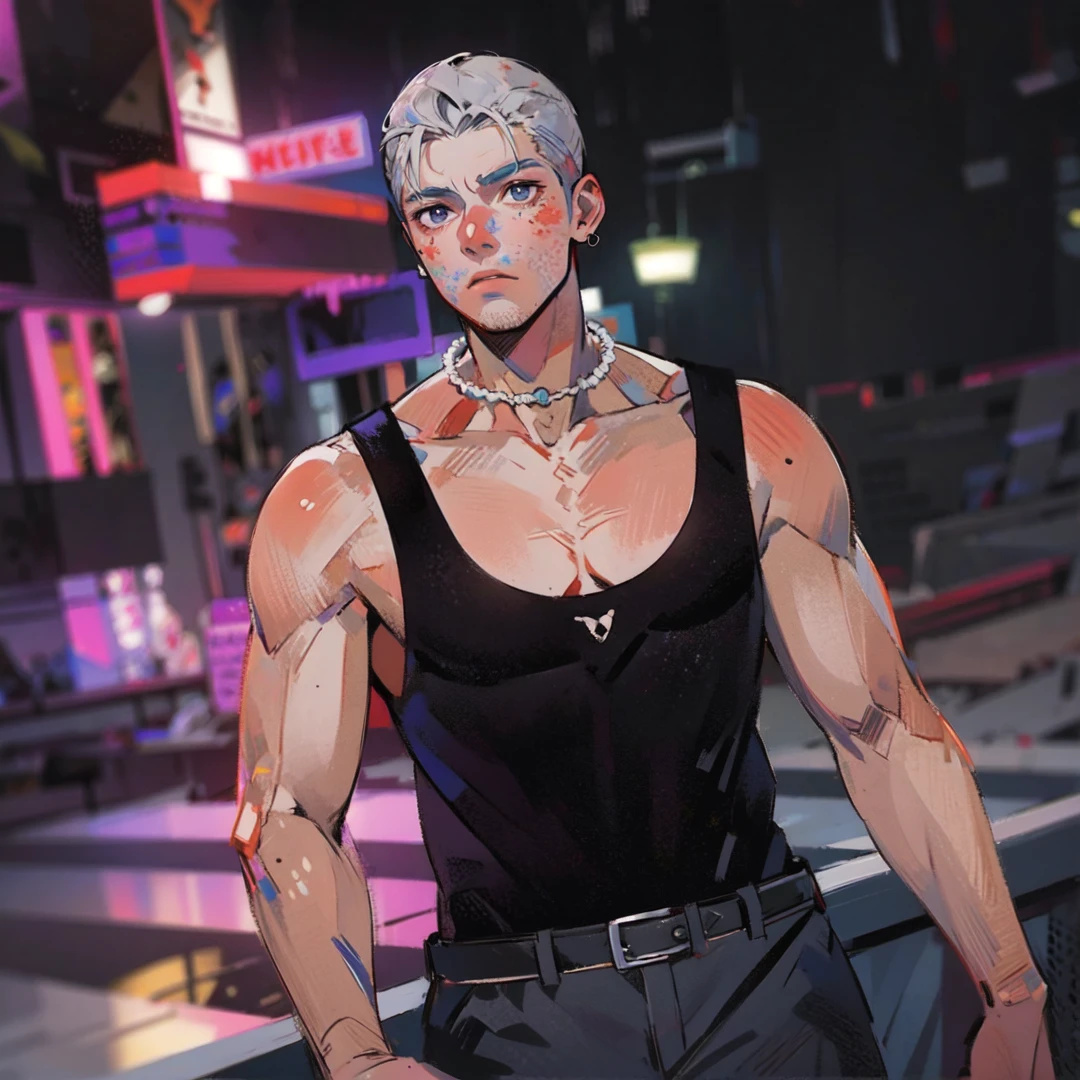Make an evangelion anime style art from this photo, homem de cabelo branco e cavanhaque branco, com olhos azuis segurando uma mascara do ghost face