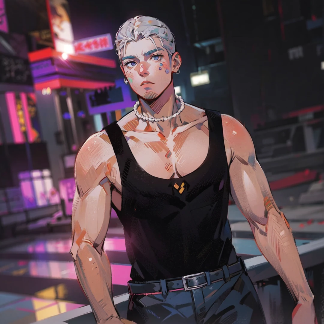 Make an evangelion anime style art from this photo, homem de cabelo branco e cavanhaque branco, com olhos azuis segurando uma mascara do ghost face