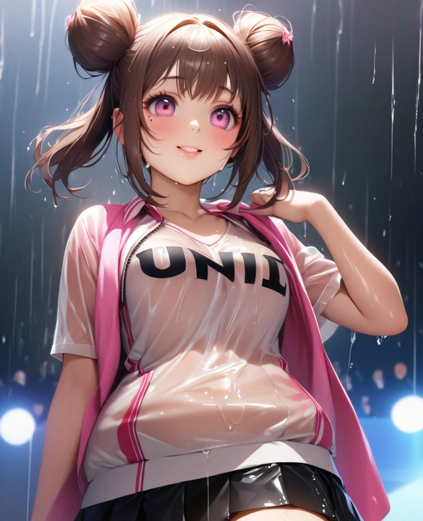One Girl、Looking at the audience、lovely,
Beautiful pink eyes、Two brown double hair buns , Mole under the eye、Plump and glossy lips、Heart-shaped choca、Dance team uniforms、Her name is May,smile、ー、。.。.。.。.。.。.。.。.。.。.。.。.。.。.。.。.。.。.3D、Realistic、
Dance team uniforms was soaked in the heavy rain, and her chest was wet and transparent.Heavy rain at outdoor concert, Drape clothes、gem、The decoration has been removed、Floral、Lace trim,On a glittering stage、
masterpiece、highest quality、8k、Detailed skin texture、Detailed cloth texture、Beautifully detailed face、Intricate details、Very detailed、
超A high resolution、8k Ultra HD、Film Grain、Best Shadow、delicate、Gazing at the audience、front