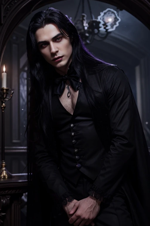 Lovely young handsome hetero Man Jinx Edward vampire with super big indigo eyes and gems and long black hair, with nice and delicate face, in a dark gothic magic castle with annie and claudia and Lestat, in Red Rose manor. Terror ambient. The more handsome man in the world. Night storm. Gothic scene. Cats eyes.Luxury. Violet. Superdelicious.