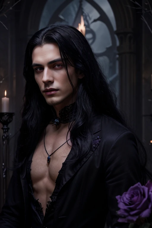 Lovely young handsome hetero Man Jinx Edward vampire with super big indigo eyes and gems and long black hair, with nice and delicate face, in a dark gothic magic castle with annie and claudia and Lestat, in Red Rose manor. Terror ambient. The more handsome man in the world. Night storm. Gothic scene. Cats eyes.Luxury. Violet. Superdelicious.