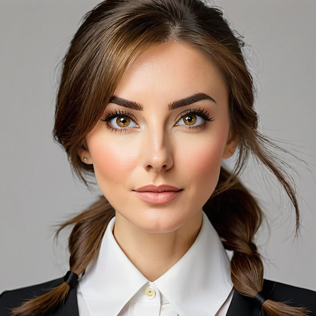 ultra sharp portrait, woman with beard on her cheeks, tied brown hair, light eyes, large nose