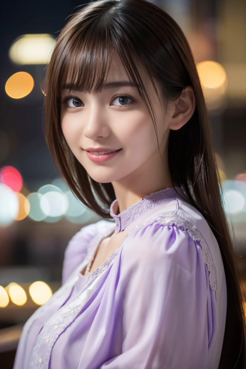 1 girl,(Wearing a lilac blouse:1.2),(Raw photo, highest quality), (realistic, Photoreal:1.4), table top, Very delicate and beautiful, very detailed, 2k wallpaper, wonderful, In detail, Very detailed CG Unity 8K wallpaper, very detailed, High resolution, soft light, Beautiful detailed girl, very detailed目と顔, beautifully detailed nose, detailed and beautiful eyes,Cinematic lighting,night city lights,perfect anatomy,Slender body,smile