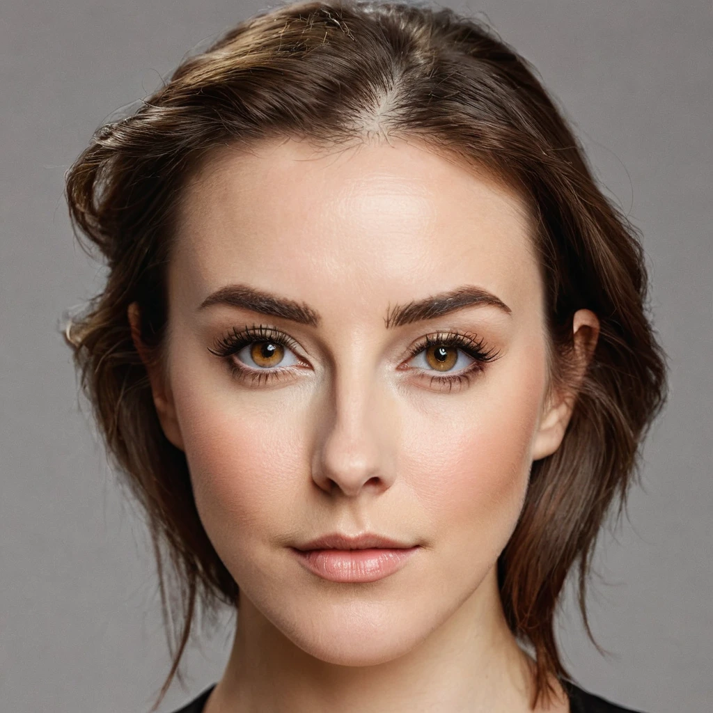 ultra sharp portrait, woman with beard on her cheeks, tied brown hair, light eyes, large nose