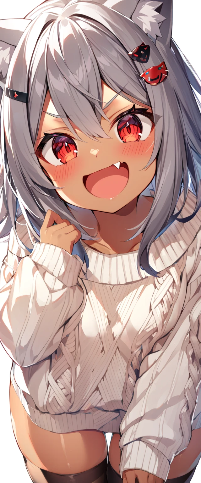highres,1girl,animal ears,bangs,blush,red eyes,open mouth,fang,dark-skinned female,hair between eyes,hair ornament,hairclip,looking at viewer,smile,solo,v-shaped eyebrows,thighhighs,underwear,sweater,nekomimi,