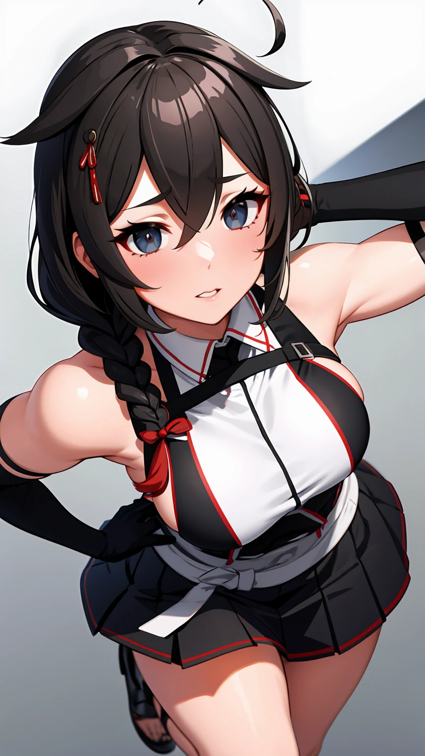 Shigure Kai 3 KanColle Sleeveless Black Thimble Glove Black Skirt Braid 8K High Resolution insanely detailedinsanely detailed eyes insanely detailed face、insanely detailed body、insanely detailed skin