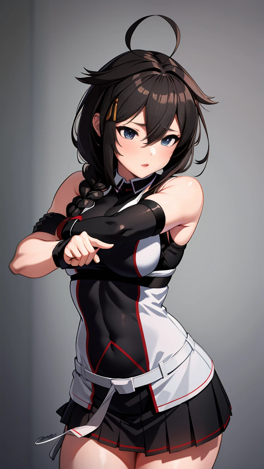 Shigure Kai 3 KanColle Sleeveless Black Thimble Glove Black Skirt Braid 8K High Resolution insanely detailedinsanely detailed eyes insanely detailed face、insanely detailed body、insanely detailed skin