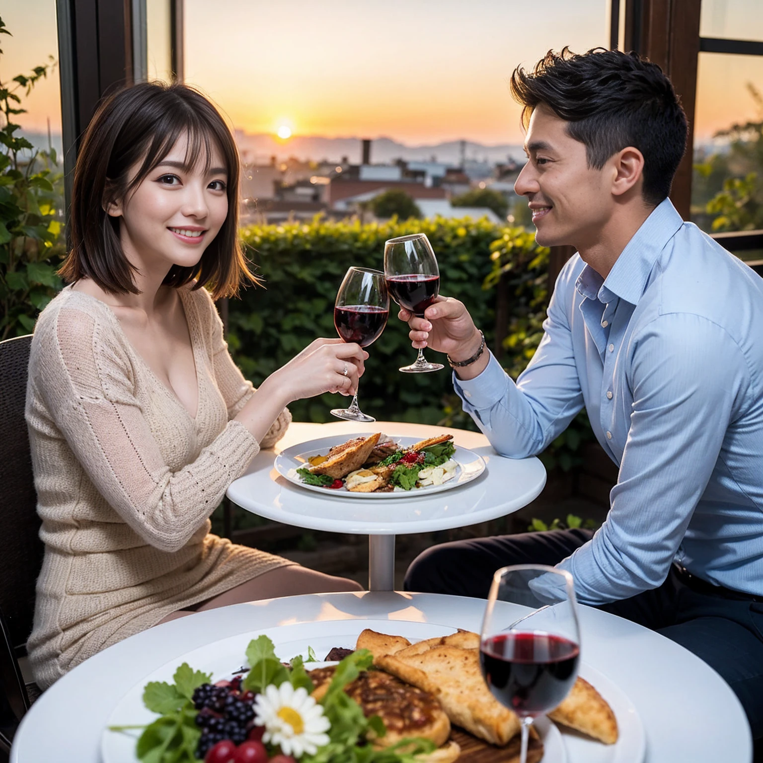 ((Highest quality、8k、masterpiece:1.3))、 (Genuineistic, Genuine、Bright image、Intricate details:1.2), Best smile 1 man 1 woman、Beautiful Couple、Lovers、Relatives and friends、actress couple、couple、Model Couple、Smile、A full-course dinner with a full table、テーブルにwine glass、 (Slim face), (The body is slim), (Brown Hair), (short hair), Please shine a light on my face、 Amazing view of the sunset sky and clouds、 (Age 43), 38 years old, red wine 、Appetizers、Wine bottle、sparkling wine、Long sleeve shirt、dress、White wine, red wine, wine glass, 