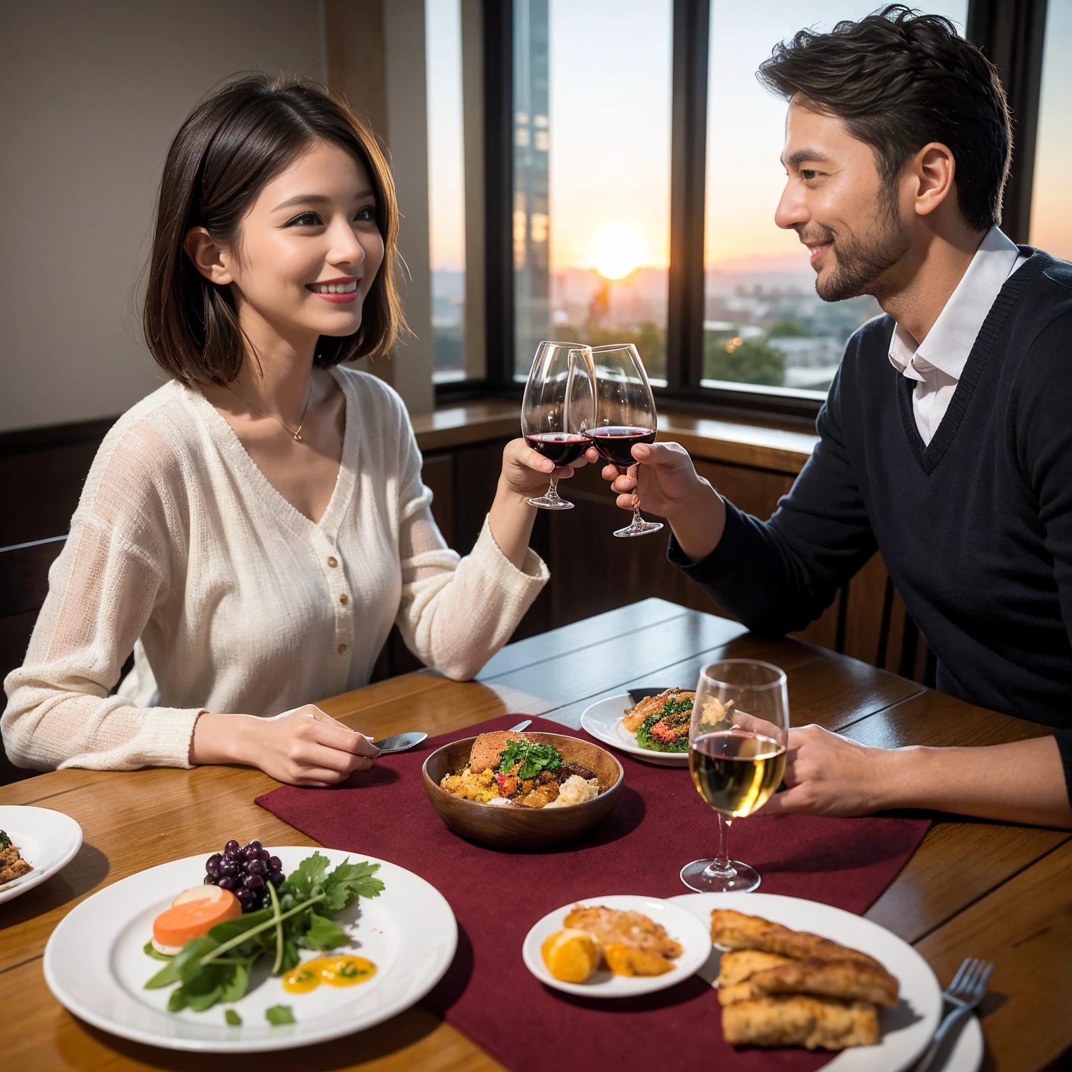 ((Highest quality、8k、masterpiece:1.3))、 (Genuineistic, Genuine、Bright image、Intricate details:1.2), Best smile 1 man 1 woman、Beautiful Couple、Lovers、Relatives and friends、actress couple、couple、Model Couple、Smile、A full-course dinner with a full table、テーブルにwine glass、 (Slim face), (The body is slim), (Brown Hair), (short hair), Please shine a light on my face、 Amazing view of the sunset sky and clouds、 (Age 43), 38 years old, red wine 、Appetizers、Wine bottle、sparkling wine、Long sleeve shirt、dress、White wine, red wine, wine glass,