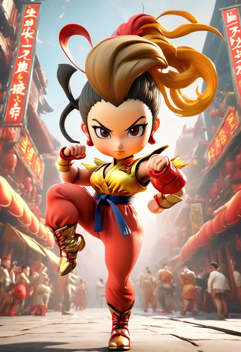A captivating 3D render of Chun Lee(from street fighter 2)chibi-style young woman exuding confidence and style, dressed in bold red, yellow, and gold. She has vibrant short hair adorned with a graceful accessory, and her animated expressions and movements radiate grace. The intricate details of her outfit showcase her exquisite taste in fashion. The dynamic cityscape behind her features a seamless blend of traditional and modern architecture, providing a perfect urban backdrop. The name "chun lee" is elegantly displayed in eye-catching typography, enhancing the overall design and style. This enchanting 3D render embodies urban fashion, with the young woman's radiant face and fashionable attire at the forefront, all infused with a touch of anime charm, typography, and fashion., 3d render, fashion, anime, typography