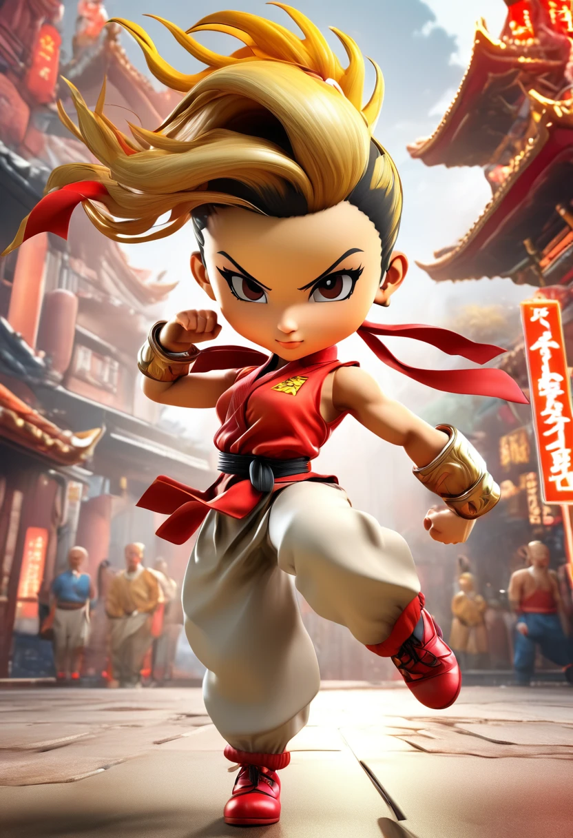 A captivating 3D render of Chun Lee(from street fighter 2)chibi-style young woman exuding confidence and style, dressed in bold red, yellow, and gold. She has vibrant short hair adorned with a graceful accessory, and her animated expressions and movements radiate grace. The intricate details of her outfit showcase her exquisite taste in fashion. The dynamic cityscape behind her features a seamless blend of traditional and modern architecture, providing a perfect urban backdrop. The name "chun lee" is elegantly displayed in eye-catching typography, enhancing the overall design and style. This enchanting 3D render embodies urban fashion, with the young woman's radiant face and fashionable attire at the forefront, all infused with a touch of anime charm, typography, and fashion., 3d render, fashion, anime, typography