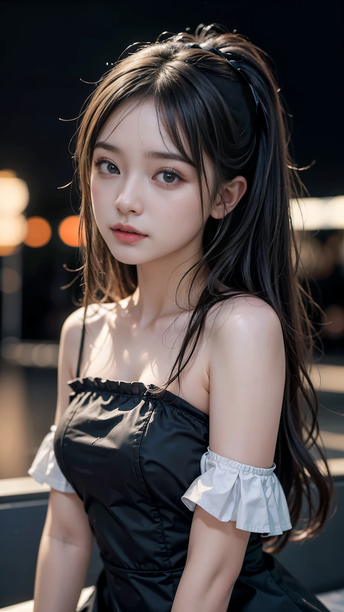 (Highest quality, masterpiece:1.2, Ultra-high resolution), (Reality: 1.4), Original photo, Japanese, One girl, Beautiful breasts, , Beautiful Skin, (Off the shoulder, dress), Cinema Lighting, Ultra-detailed, trip, Stylish, Female Sniper