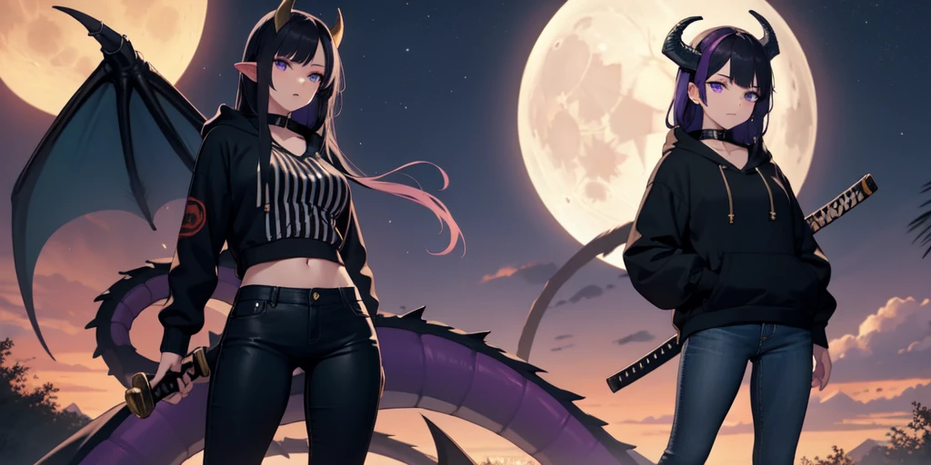 Beautiful woman, badass, sexy, holding katana, collar with bell around her neck, black jeans on her, black hoodie jacket on her, black and purple striped shirt under her hoodie, purple and black hair, dragon tail, dragon wings, black horns on head, large , shy expression, standing up, moon in background, outside, purple eyes, HD, 1080p, perfect quality, hyper realistic, detailed