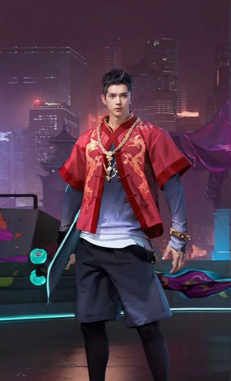 1boy, solo, short hair, big eyes, (blue print robe), (white long print skirt), (red print shirt),(upper body),(standing),((looking at viewer)),outdoors,(chinese style countryard),