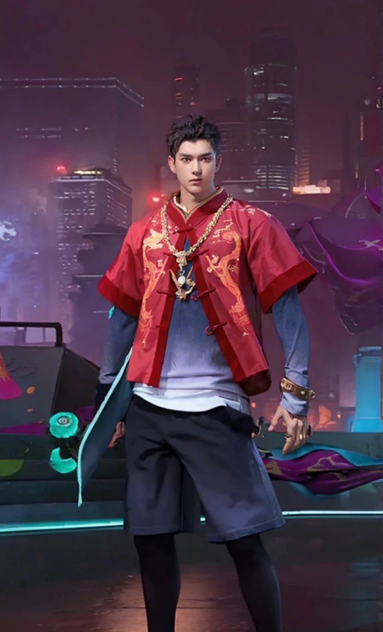 1boy, solo, short hair, big eyes, (blue print robe), (white long print skirt), (red print shirt),(upper body),(standing),((looking at viewer)),outdoors,(chinese style countryard),
