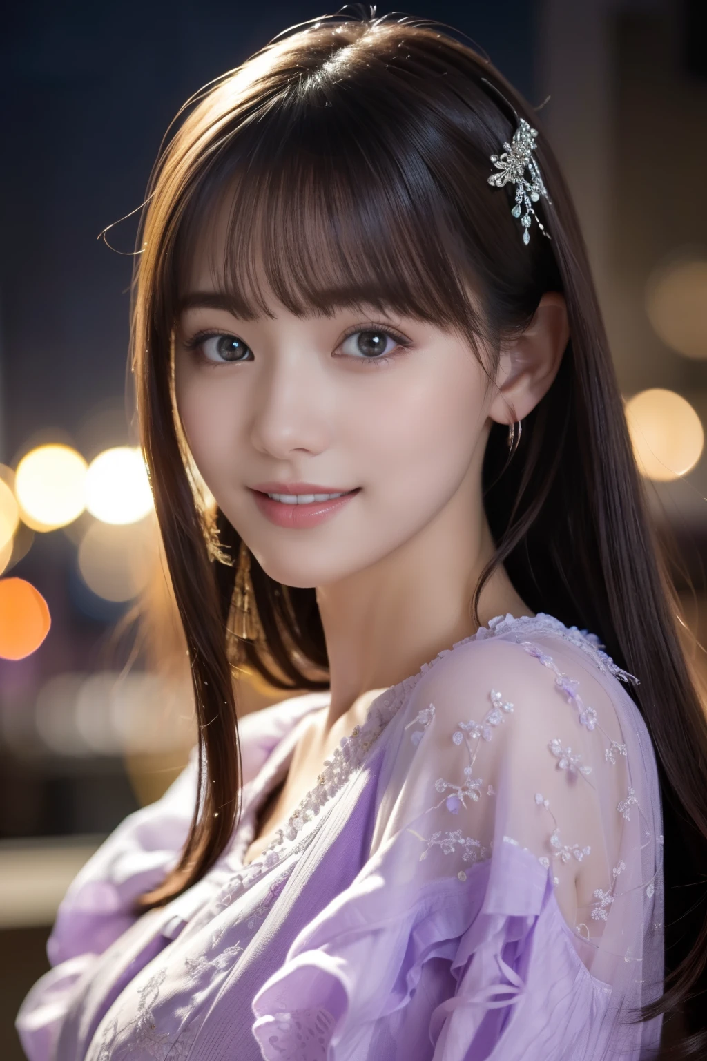 1 girl,(Wearing a lilac blouse:1.2),(Raw photo, highest quality), (realistic, Photoreal:1.4), table top, Very delicate and beautiful, very detailed, 2k wallpaper, wonderful, In detail, Very detailed CG Unity 8K wallpaper, very detailed, High resolution, soft light, Beautiful detailed girl, very detailed目と顔, beautifully detailed nose, detailed and beautiful eyes,Cinematic lighting,night city lights,perfect anatomy,Slender body,smile