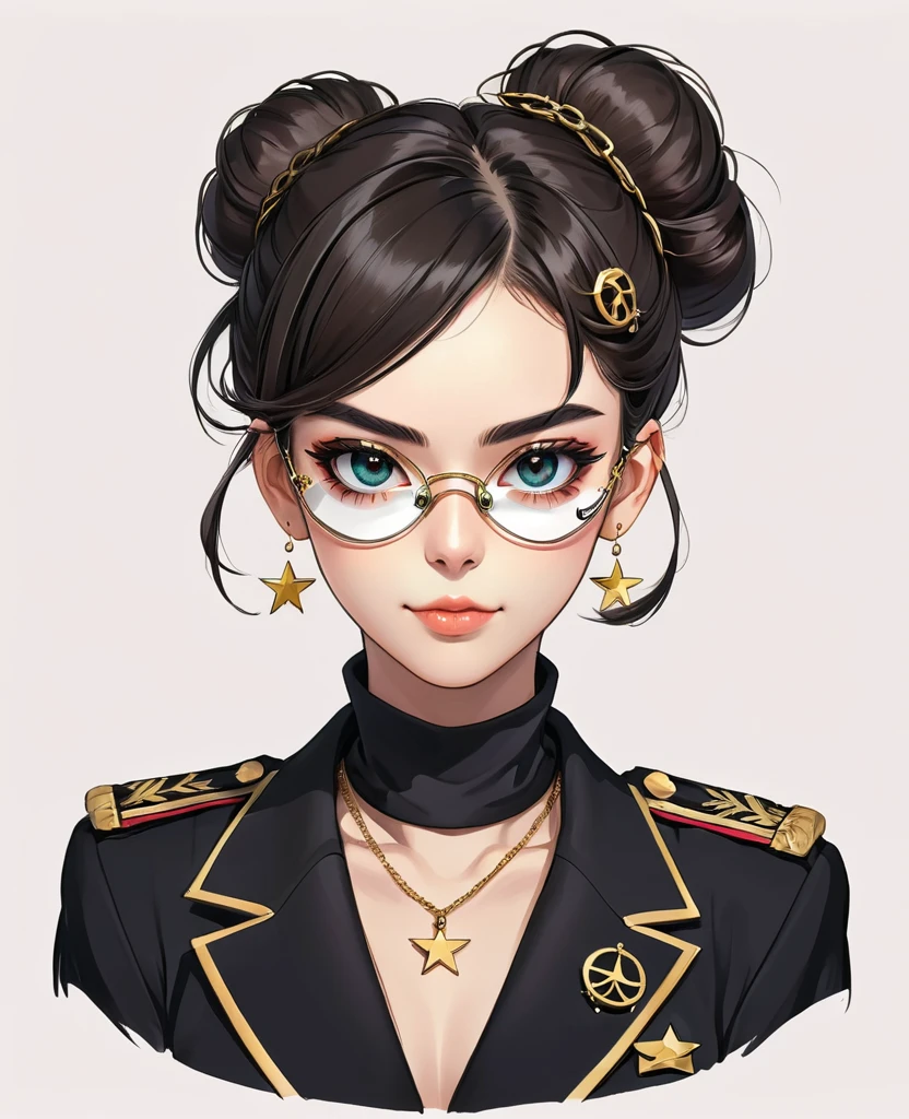 (Digital Illustration,Detailed anime style portrait of a girl wearing an eyepatch,Solitary,symmetry),(Big colorful eyes,Fashionable and exquisite facial features,Exquisite makeup,Sweet smile,Star symbol mark on cheek,Soulful gaze,),(Fluffy bun,Hairpin),(Black suit,Epaulettes-Chain,cool,),Clean and simple white background,(((Correct human anatomy)))