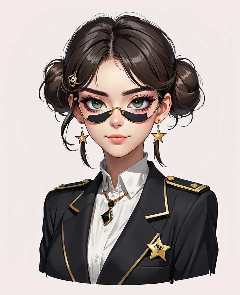 (Digital Illustration,Detailed anime style portrait of a girl wearing an eyepatch,Solitary,symmetry),(Big colorful eyes,Fashionable and exquisite facial features,Exquisite makeup,Sweet smile,Star symbol mark on cheek,Soulful gaze,),(Fluffy bun,Hairpin),(Black suit,Epaulettes-Chain,cool,),Clean and simple white background,(((Correct human anatomy)))