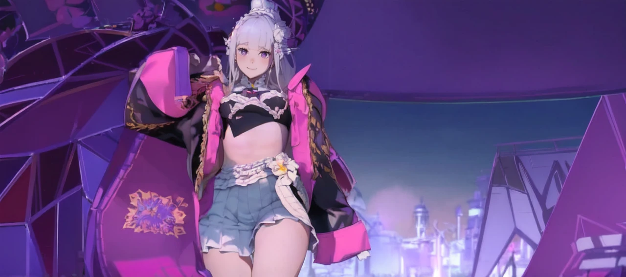 masterpiece, 1girl, Emilia, blunt bangs, long hair, crown braid,
white dress, detached collar, wide sleeves, x hair ornament, hair flower, hair ribbon, white thigh boots, cleavage, purple frills, pleated_white_skirt
sitting on bench, garden, arms at sides,
looking at viewer, (smile:1.2), blush, from above,