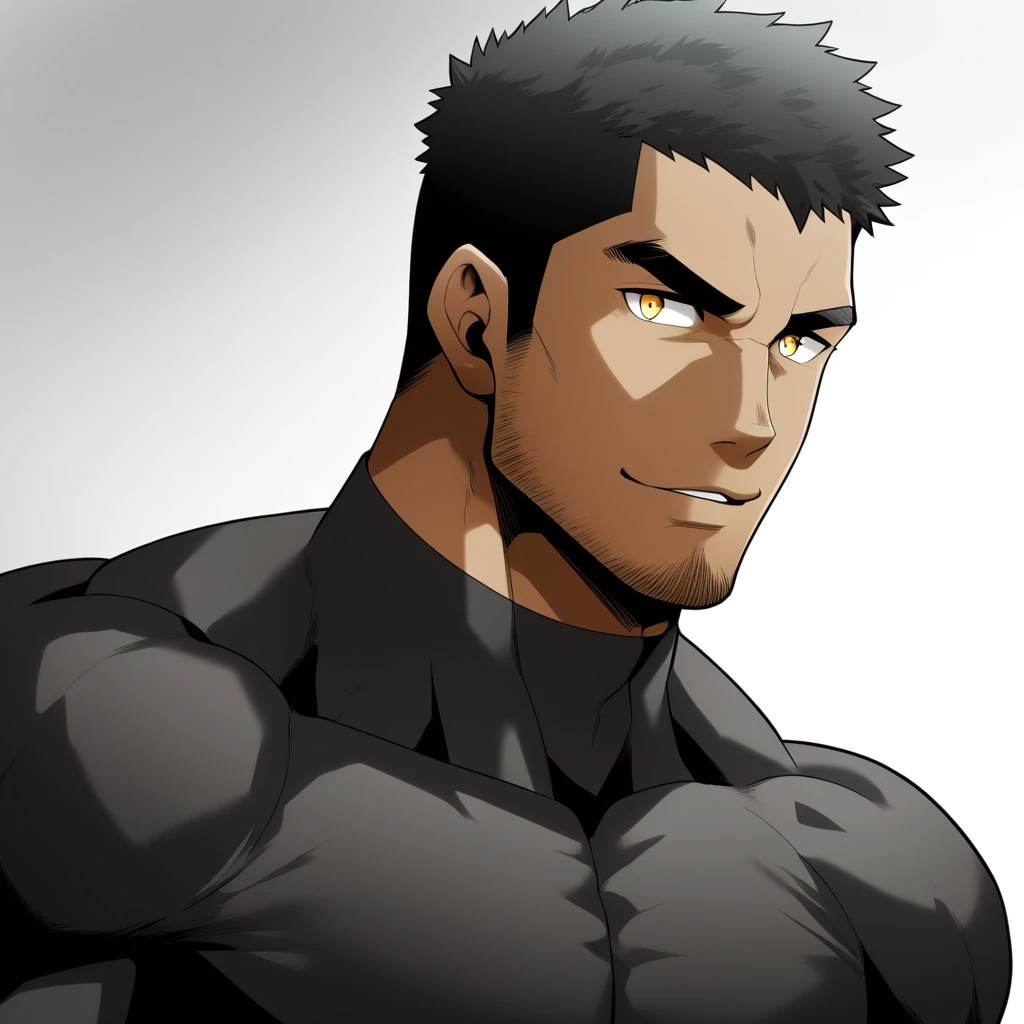 one negro, anime characters：Gyee, Hibino Kafka, Muscle Sports Student, negro black skin, Very Black, muscular tough guy, Manliness, male focus, Dark grey turtleneck tight T-shirt, Regular symmetrical pattern, Very tight, muscular male, muscular, only, Upper body, alone, Black short hair, Thick eyebrows, stubble, Yellow eyes, White background, simple background, amazing quality, best aesthetics, Ridiculous, bright pupils, crew cut, parted lips, seductive smile, torogao, naughty face, best quality