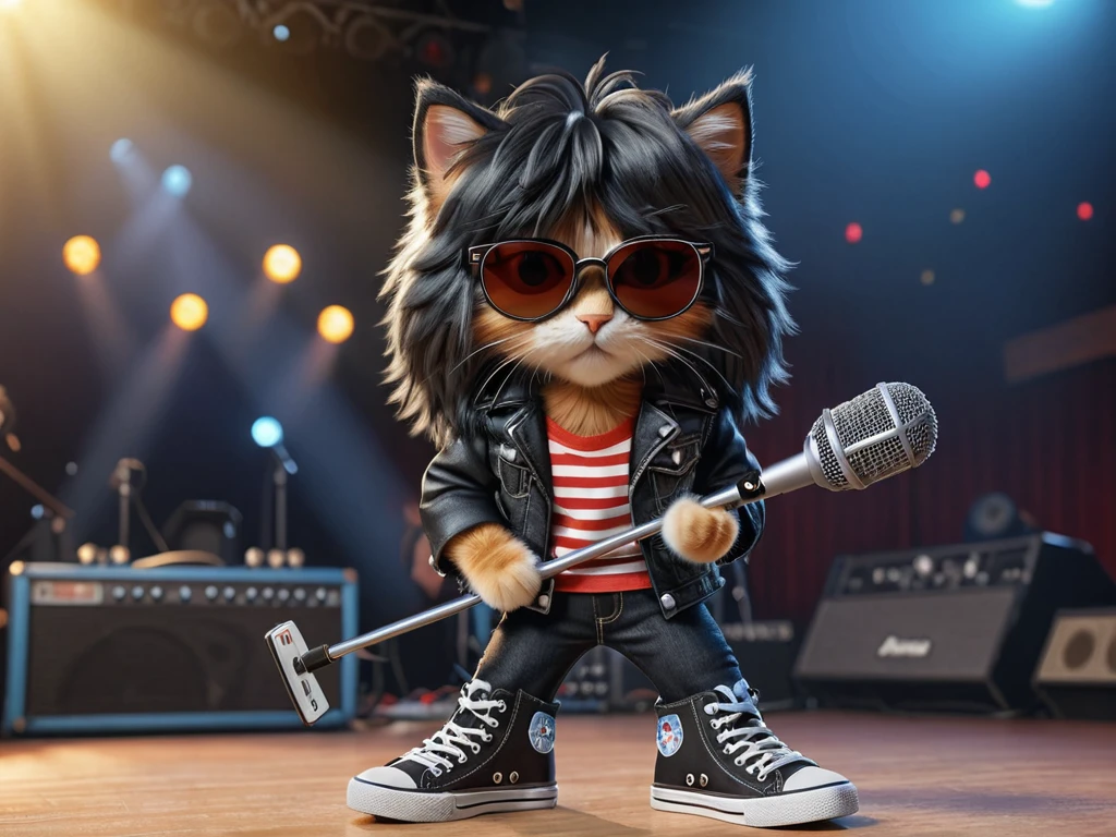 Cute anthropomorphic kitten fluffy cartoon with very long hair black with bangs, singing with microphone in hand (black sunglasses with oval lenses) by Joey Ramone digital painting 3d cosplay Ramones pants jeans, All Star shoes in the background concert stage with several lights blue, isometric view, Cinematic, Hyperrealistic, Backlit, Extremely low angle, Highly detailed, scaled down, Unrealistic rendering, 16K