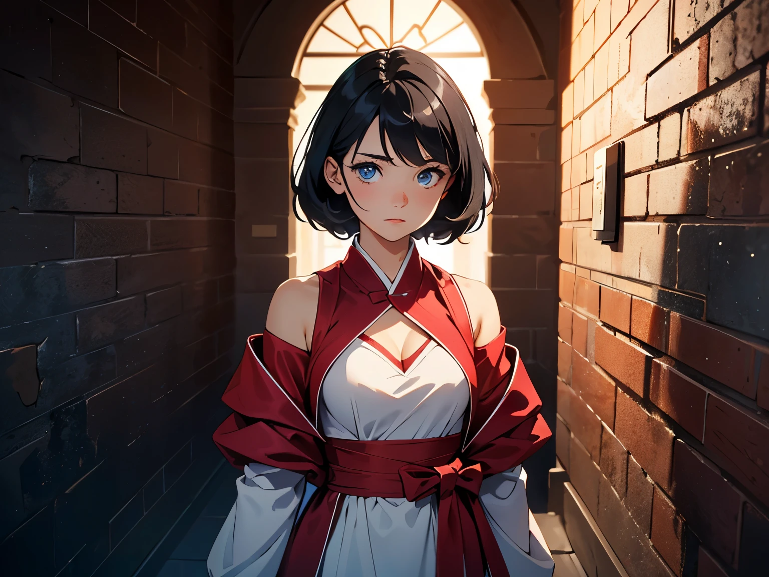(masterpiece, high resolution, ultra - detailed:1.0),1 girl, Young and beautiful women, facing away from viewer, eyes looking away from camera, (worried expression on face), Perfect female body, (upper body), (medieval room), Extremely detailed CG, Unity 8k wallpaper, Complicated details, solo person, (blue eyes), asian eyes, ((medium black hair)), ((cute white and red robes)), bare_shoulders, short skirt, cleavage, marble hallway, (standing in doorway of a dark room), (wall torches), (sandstone design),((Dark night)), Portrait, color difference, Depth of field, dramatic shadows, Ray tracing, Best quality, Cinematic lighting ,official art,