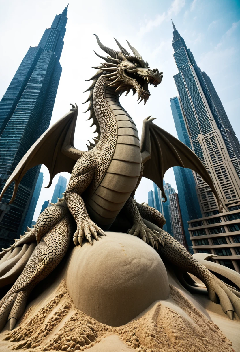 Sand sculpture style, The nine-headed dragon stretched out its nine long necks,Traveling between cities,Huge size,Beyond the skyscrapers,Strong sense of déjà vu。