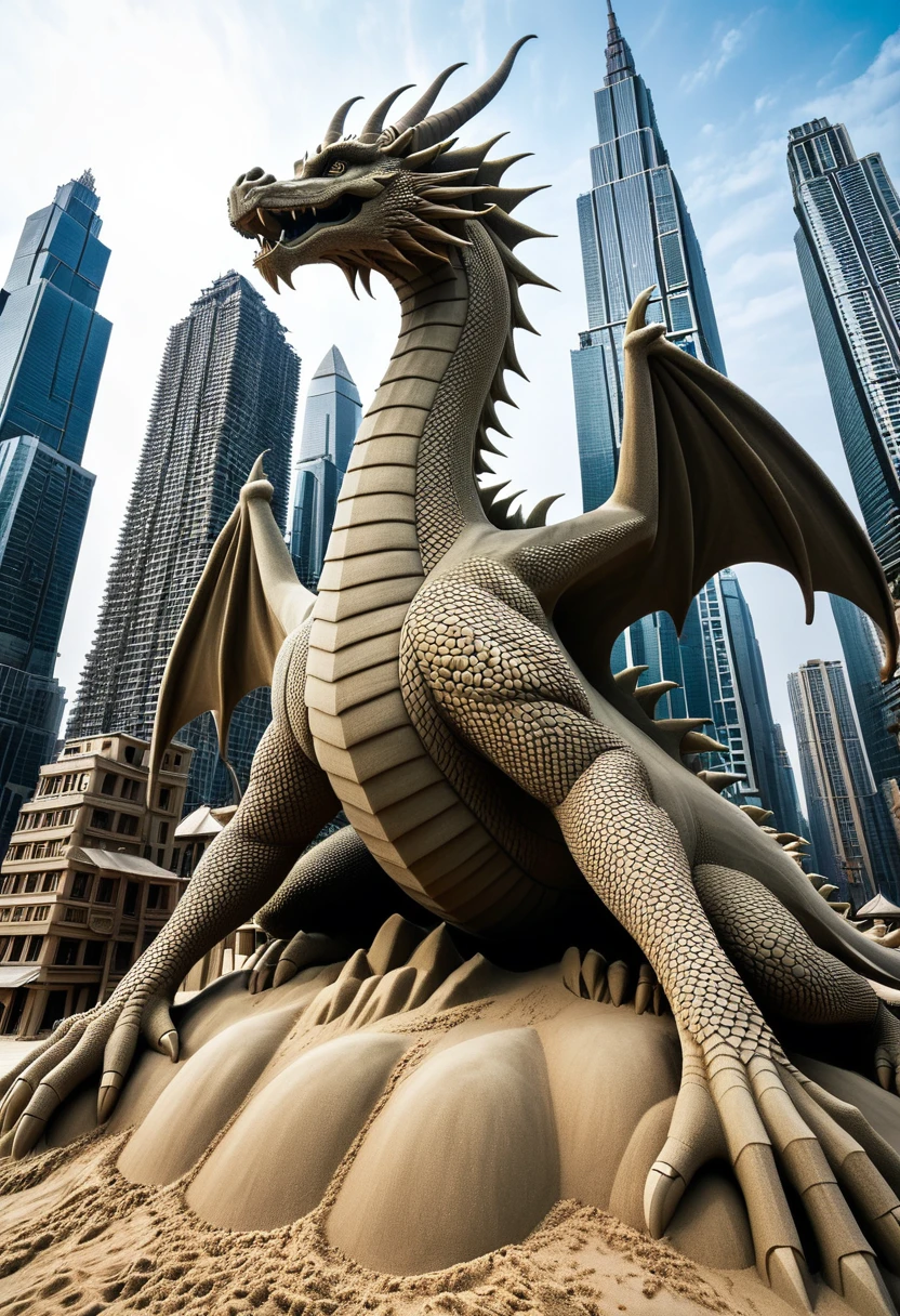 Sand sculpture style,  The nine-headed dragon stretched out its nine long necks，Traveling between cities，Huge size，Beyond the skyscrapers，Strong sense of déjà vu。