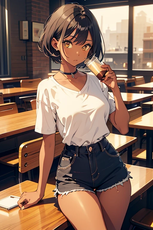 masterpiece, best quality, dark skin, short hair, yellow eyes, black hair, beautiful girl, casual clothes, thin, full body, plan boobs, short , small , short chest, big butt, wide thigh, drinking coffee in a cafeteria, super soft lighting, at night, playing soccer