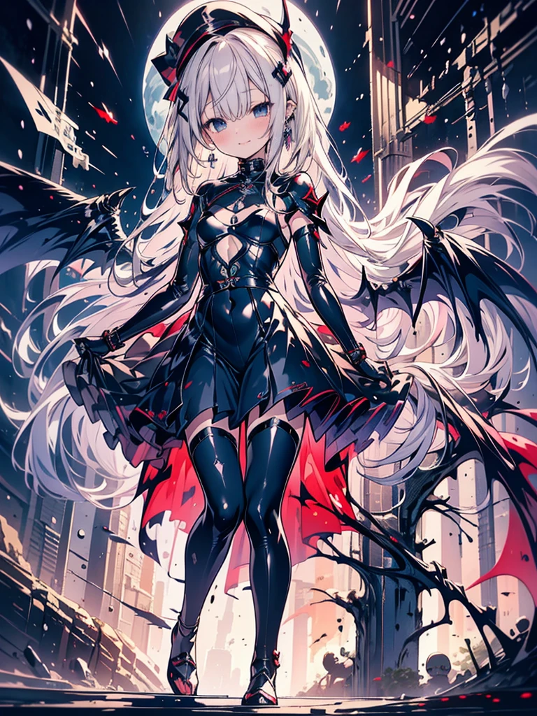 yagami hayate, dark persona, knight, going down the stairs, anime, audience, wand, 1girl, walking, armor, leg armor, cape, runes, evil smile, pillars of fire, octagonal yin yang mirror, black angel wings, stand-up collar, black long china dress, Ruined city, long cheongsam, long Qipao, blue eye, white Beret, brown hair, bob hair, reaching out, talking, purple obi, moonlight, earrings, chains, yin yang, long skirt, beautiful art, depth of field, high res, perfect face, detailed outfit