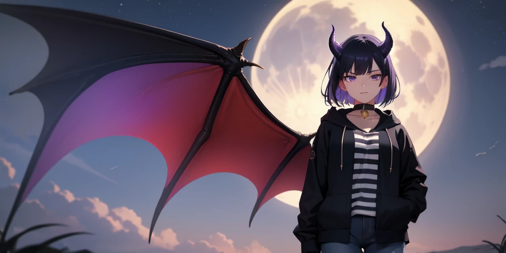 Beautiful woman, badass, sexy, holding katana, collar with bell around her neck, black jeans on her, black hoodie jacket on her, black and purple striped shirt under her hoodie, purple and black hair, dragon tail, dragon wings, black horns on head, large , shy expression, standing up, moon in background, outside, purple eyes, HD, 1080p, perfect quality, hyper realistic, detailed