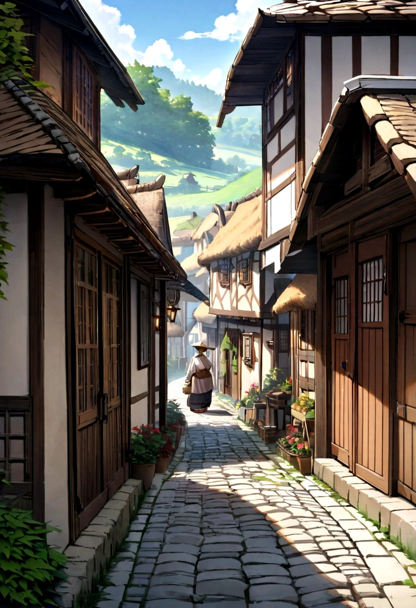 quaint village nestled in rolling hills with cobblestone streets, houses with thatched roofs, and villagers going about their daily activities."
