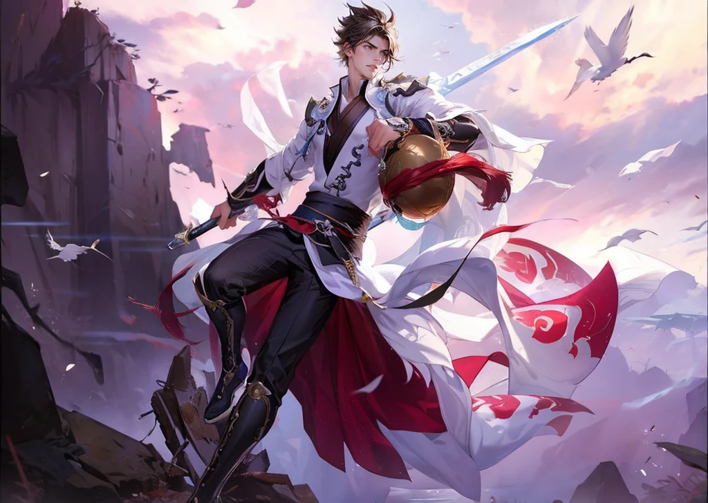 um close up de uma pessoa segurando uma espada e um porongo, por Yang J, Heise Jinyao, keqing do impacto genshin, zhongli do impacto genshin, cai xukun, arte oficial, mobile wallpaper, handsome guy in anime art, inspired por Yang Jin, Qi Yang, inspirado em Huang Shen, liang xing