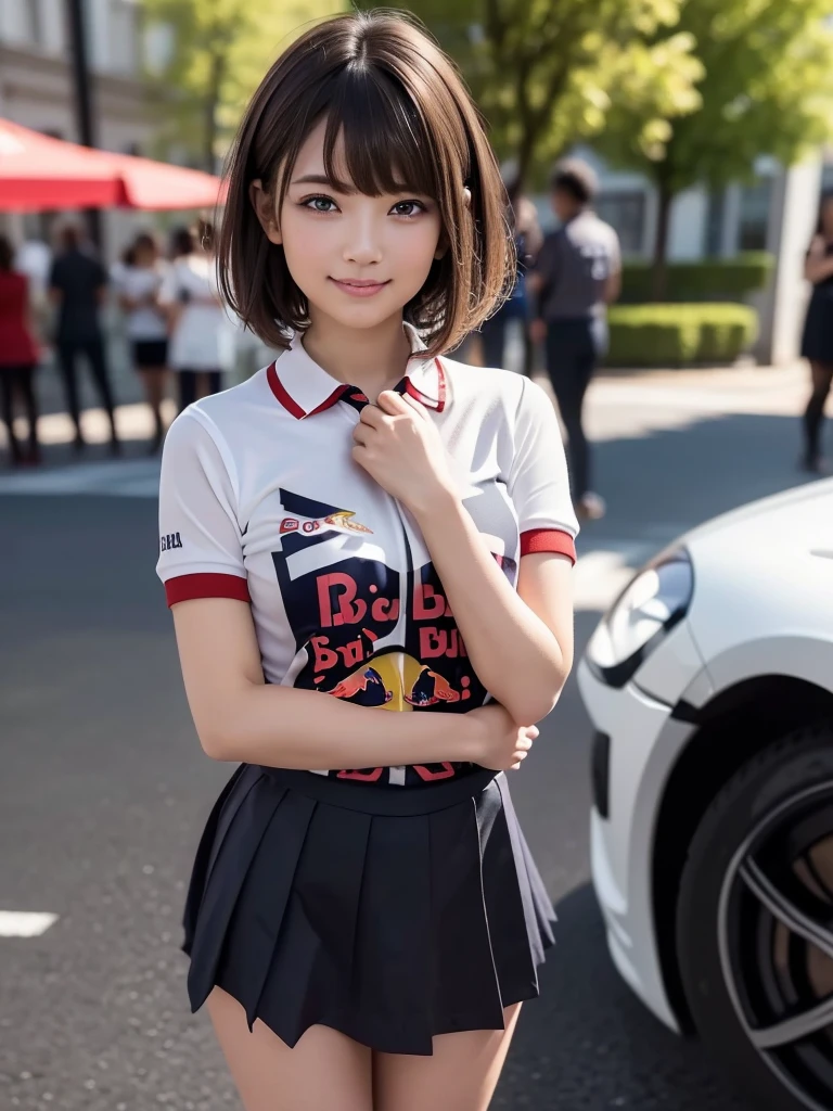 (8K, RAW Photos, Highest quality, masterpiece:1.2), (Realistic, photo-Realistic:1.4), (Highly detailed 8K wallpapers), ((Full Body Shot)), (1 girl), Sharp focus, Depth of written boundary, Cinematic lighting, Soft Light, 緻密な美しさのeye, eye_Chan, Very beautiful 17 year old girl, innocent big eyes, Realistic, photo Realistic, Highly detailed cute girl, (Thin thighs), (Model Body Type), 18-year-old, ((F1 Oracle Red Bull Racing short sleeve T-shirt)), (Micro Mini Tight Skirt), (((Fold your arms in front of your chest and act arrogantly))), ((A happy smile)), Parted lips, Watching the audience, (On the streets of Tokyo) , (Black Hair),（Long Bob Hair), (Asymmetrical bangs)