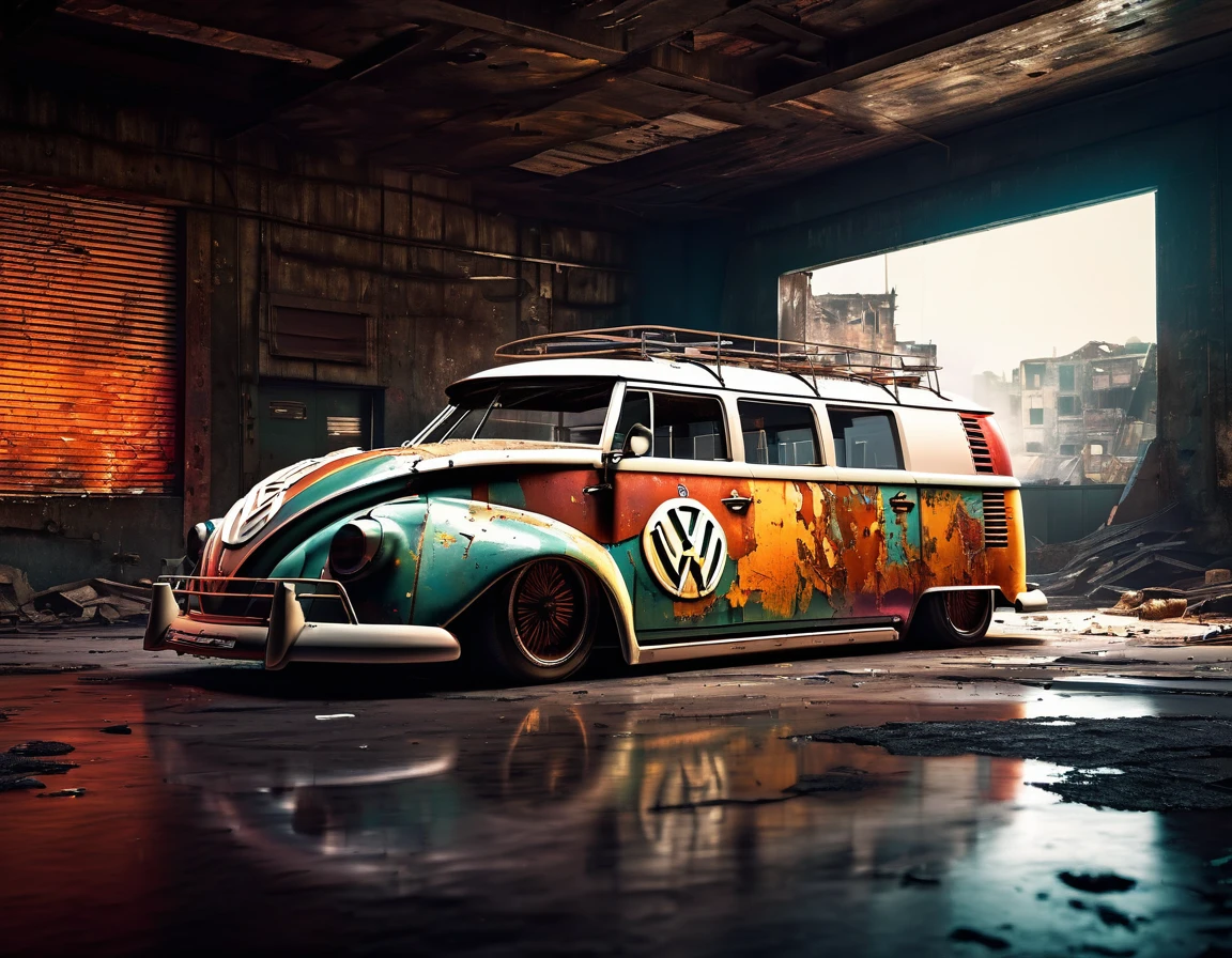 race muscle car "VW Kombi", ruins, sci-fi, futuristic, cinematic lighting, chiaroscuro,ray tracing,highly detailed, high-quality, color contrast, atmospheric, dystopian, urban, vibrant colors, shattered glass, dramatic shadows, decaying buildings, futuristic technology, dynamic composition, motion blur, urban decay, dynamic perspective, immersive atmosphere, post-apocalyptic, abandoned, reflections, moody, intense, mystery, advanced design, sleek lines, powerful engine, speed, danger, adrenaline rush