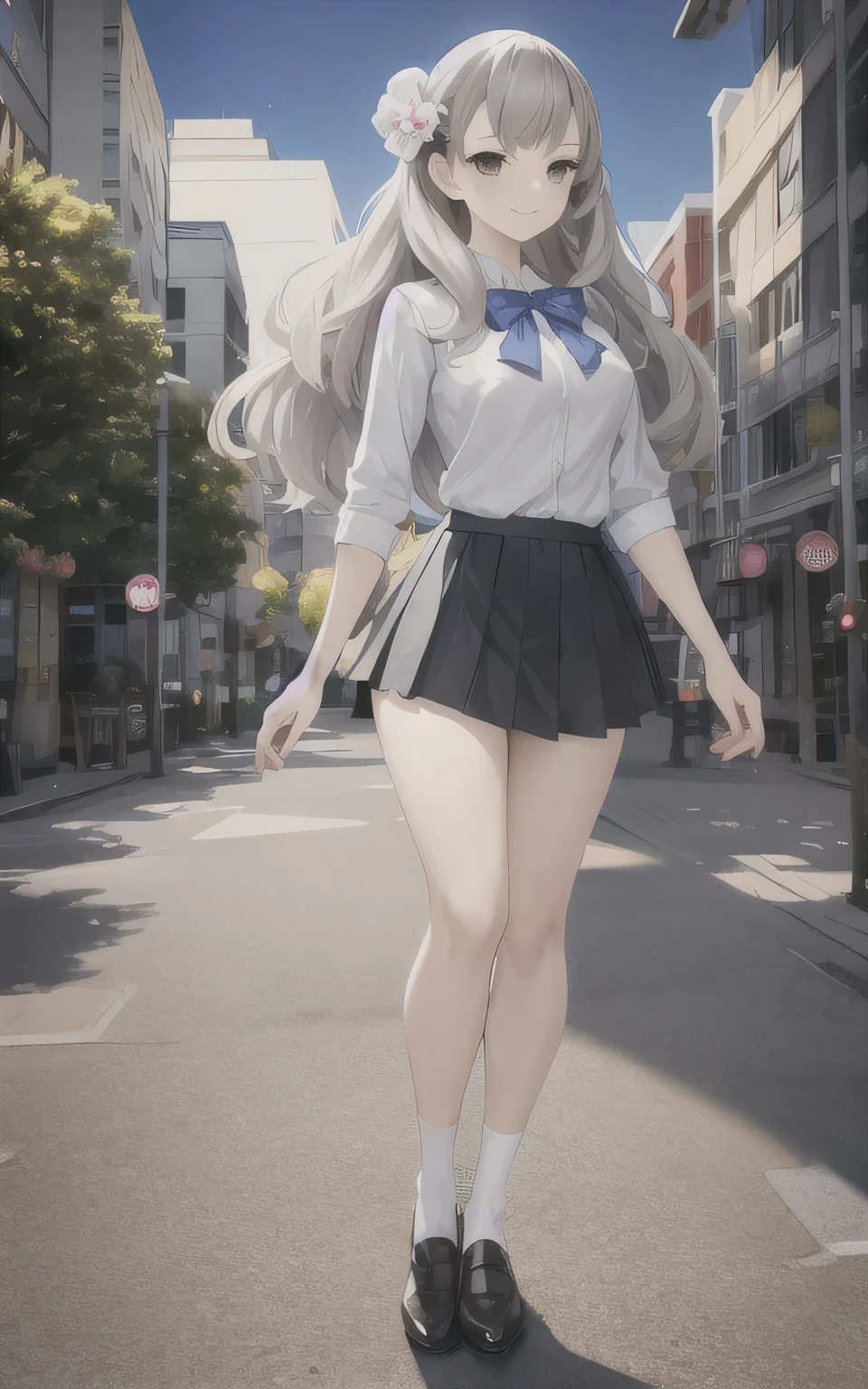 masterpiece, best quality,fuyusaka iori 1, 1girl, solo, hair flower, white shirt, white panty, skirt, pleated skirt, black skirt, shoes, hair ornament, flower, long hair, completely nude, full body, socks, grey hair, white flower, standing, grey eyes, outline, looking at viewer, highly detailed city background, middle breast, smile, shameful face, slander, straight on, perfect hands, perfect eyes