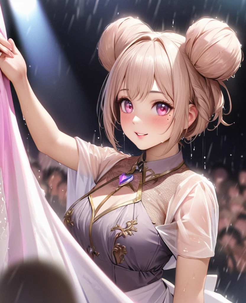 One Girl、Looking at the audience、lovely,
Beautiful pink eyes、Two brown double hair buns , Mole under the eye、Plump and glossy lips、Heart-shaped choca、Idol、Her name is May,smile、ー、。.。.。.。.。.。.。.。.。.。.。.。.。.。.。.。.。.。.3D、Realistic、
The idol's costume was soaked in the heavy rain, and her chest was wet and transparent.Heavy rain at outdoor concert, Drape clothes、gem、The decoration has been removed、Floral、Lace trim,On a glittering stage、
masterpiece、highest quality、8k、Detailed skin texture、Detailed cloth texture、Beautifully detailed face、Intricate details、Very detailed、
超A high resolution、8k Ultra HD、Film Grain、Best Shadow、delicate、Gazing at the audience、front