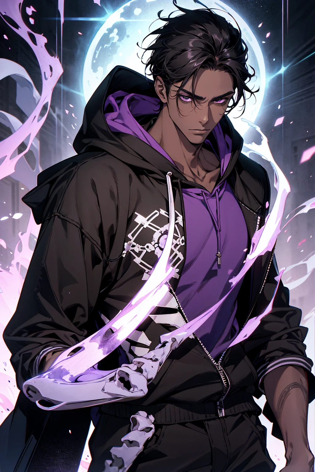 male with bones, looking away from camera, skulls, bones, handsome, black, dark skin, tall, broad shoulders, black hair, purple, purple fire, magic, detailed face, fantasy, hoodie
